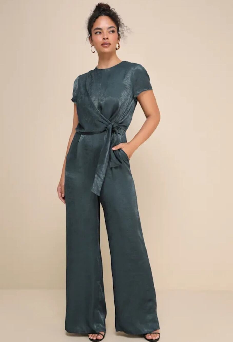 Lulus Dark Green Satin Wide Leg Jumpsuit S NWT Formal Holiday Cap Sleeve
